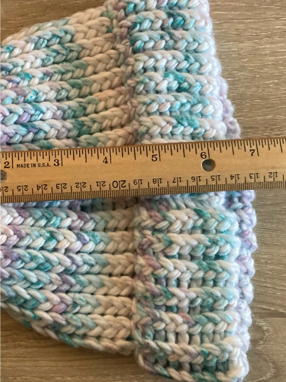 HANDMADE kids ribbed knit beanie in white with pastel blue and lavender